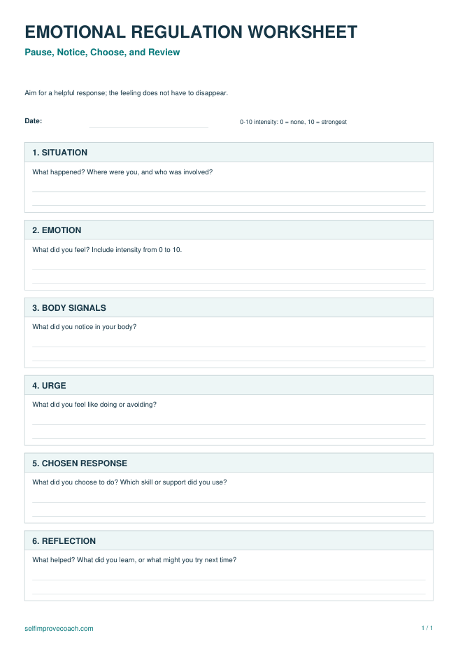 Preview of Emotional Regulation Worksheet