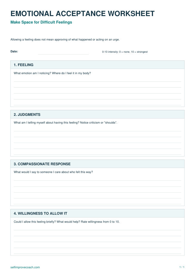 Preview of Emotional Acceptance Worksheet