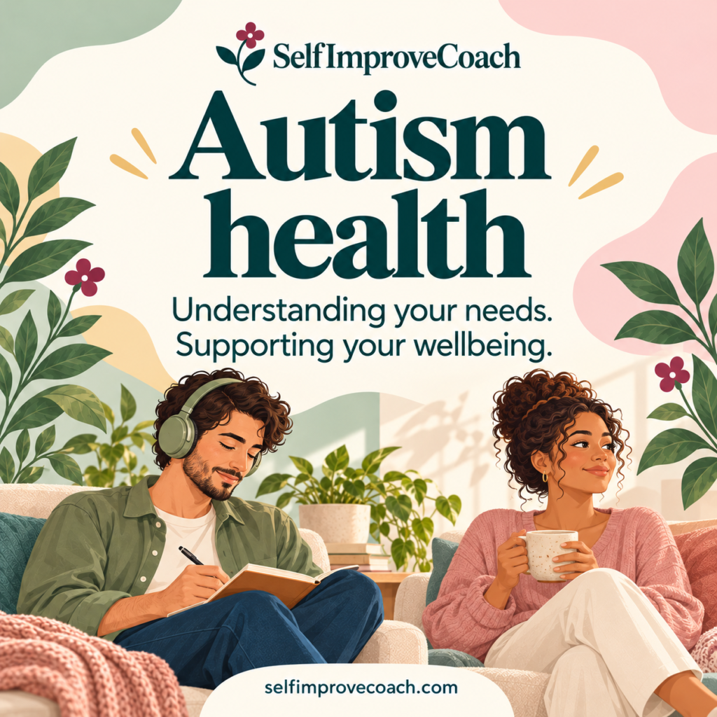 SelfImproveCoach illustration of two adults relaxing beside plants, one wearing headphones and writing in a journal, beneath the heading “Autism health”.