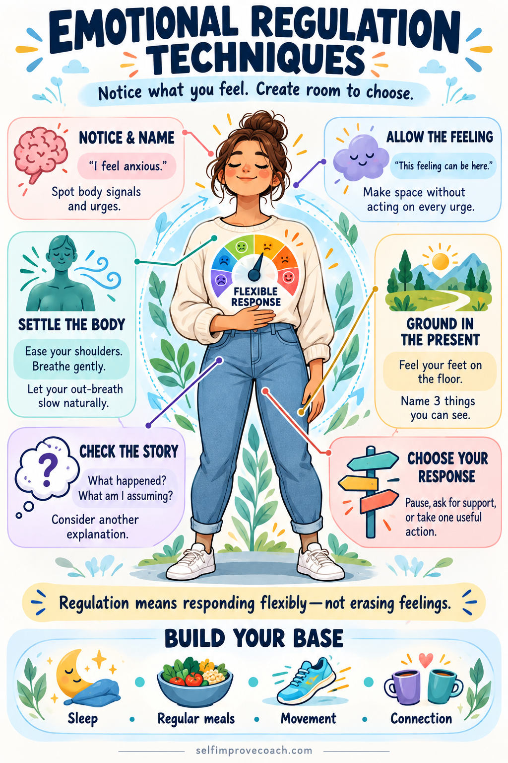 Emotional regulation techniques: a central figure surrounded by callouts for noticing feelings, allowing emotions, settling the body, grounding, checking thoughts and choosing a response.